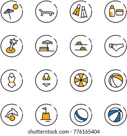 line vector icon set - beach vector, lounger, flippers, uv cream, palm, inflatable pool, flip flops, swimsuit, parasol, ball, dolphin, sand castle