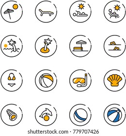 line vector icon set - beach vector, lounger, reading, palm, inflatable pool, flip flops, swimsuit, ball, diving, shell, dolphin