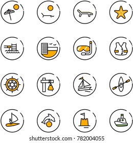line vector icon set - beach vector, lounger, starfish, pool, hotel, diving, life vest, hand wheel, ship bell, sail boat, kayak, windsurfing, dolphin, sand castle, toy