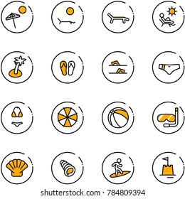 line vector icon set - beach vector, lounger, palm, flip flops, swimsuit, parasol, ball, diving, shell, surfing, sand castle