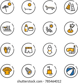 line vector icon set - beach vector, lounger, flippers, pool, uv cream, palm, flip flops, swimsuit, diving, shell, sand castle, ball