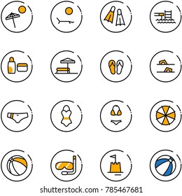 line vector icon set - beach vector, lounger, flippers, pool, uv cream, inflatable, flip flops, swimsuit, parasol, ball, diving, sand castle