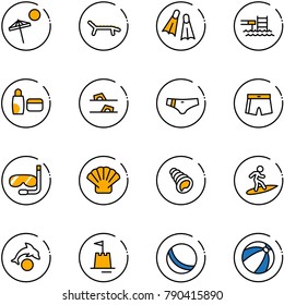 line vector icon set - beach vector, lounger, flippers, pool, uv cream, flip flops, swimsuit, diving, shell, surfing, dolphin, sand castle, ball