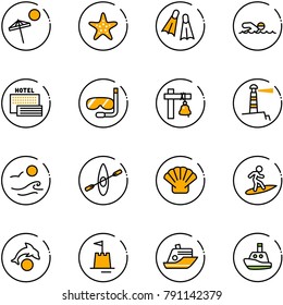 line vector icon set - beach vector, starfish, flippers, swimming, sea hotel, diving, ship bell, lighthouse, waves, kayak, shell, surfing, dolphin, sand castle, cruiser, toy boat