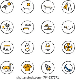 line vector icon set - beach vector, lounger, flippers, palm, inflatable pool, flip flops, swimsuit, parasol, diving, shell, ball