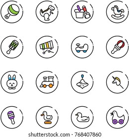 line vector icon set - beanbag vector, dinosaur toy, shovel bucket, rocking horse, xylophone, baby car, rabbit, train, wirligig, unicorn stick, duck