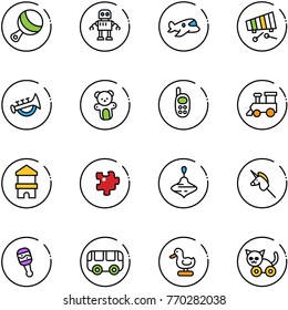 line vector icon set - beanbag vector, robot, plane toy, xylophone, horn, bear, phone, train, block house, puzzle, wirligig, unicorn stick, bus, duck, cat