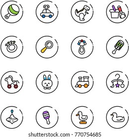 line vector icon set - beanbag vector, car toy, dinosaur, shovel bucket, wheel horse, rabbit, train, baby carousel, wirligig, duck