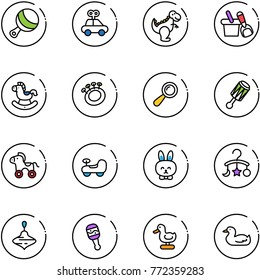 line vector icon set - beanbag vector, car toy, dinosaur, shovel bucket, rocking horse, wheel, baby, rabbit, carousel, wirligig, duck