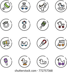 line vector icon set - beanbag vector, car toy, dinosaur, rocking horse, wheel, xylophone, baby, train, duck