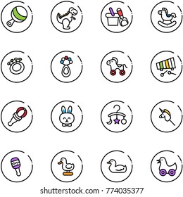 line vector icon set - beanbag vector, dinosaur toy, shovel bucket, rocking horse, wheel, xylophone, rabbit, baby carousel, unicorn stick, duck