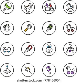 line vector icon set - beanbag vector, dinosaur toy, shovel bucket, rocking horse, wheel, baby car, rabbit, carousel, wirligig, unicorn stick, duck