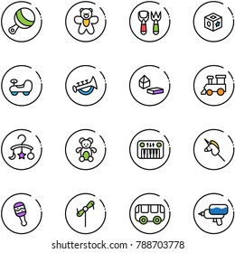 line vector icon set - beanbag vector, bear toy, shovel fork, cube, baby car, horn, constructor blocks, train, carousel, piano, unicorn stick, windmill, bus, water gun