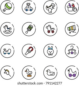 line vector icon set - beanbag vector, car toy, dinosaur, shovel bucket, rocking horse, wheel, xylophone, baby, rabbit, carousel, unicorn stick, duck