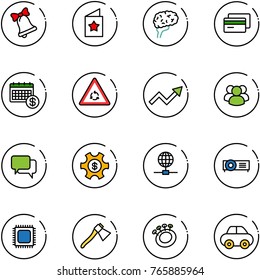 line vector icon set - bell vector, star postcard, brain, credit card, calendar, round motion road sign, growth arrow, group, dialog, money managemet, globe, projector, cpu, axe, beanbag, car