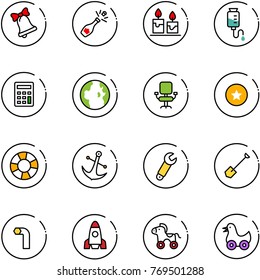 line vector icon set - bell vector, champagne, candle, drop counter, calculator, globe, office chair, star medal, lifebuoy, anchor, wrench, shovel, allen key, rocket, wheel horse, toy duck