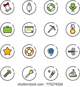 line vector icon set - bell vector, drop counter, lifebuoy, office chair, case, schedule, job, star medal, globe, steel rolling, screw, wood drill, baseball bat, toy boat