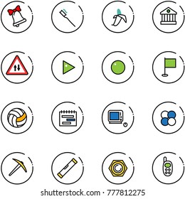 line vector icon set - bell vector, tooth brush, banana, bank, oncoming traffic road sign, play, record, flag, volleyball, terms plan, monoblock pc, atom core, axe, level, nut, phone toy