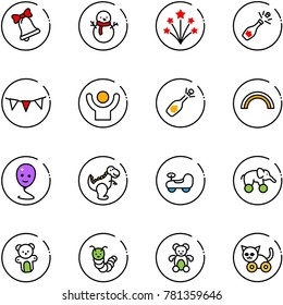 line vector icon set - bell vector, snowman, firework, champagne, flag garland, success, fizz opening, rainbow, balloon smile, dinosaur toy, baby car, elephant wheel, bear, caterpillar, cat