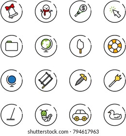 line vector icon set - bell vector, snowman, money torch, cursor, folder, globe, ice cream, lifebuoy, bucksaw, screw, wood drill, rake, toy caterpillar, car, duck