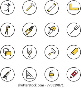 line vector icon set - bezier vector, mason hammer, level, corner ruler, plumber, pliers, Angular grinder, farm fork, machine tool, winch, paint roller, work knife, gun sealant, allen key set