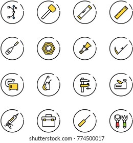 line vector icon set - bezier vector, rubber hammer, level, ruler, chisel, nut, dowel, scythe, machine tool, winch, clamp, stapler, gun sealant, box, awl, shovel fork toy