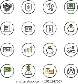 line vector icon set - big cash vector, safe, insurance, atm, receipt, piggy bank, check, arrows up, growth, ipo, dollar, money, mail