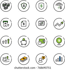 line vector icon set - big cash vector, safe, insurance, atm, account statement, statistics report, growth arrow, arrows up, piggy bank, wallet time, money tree, dollar, dialog, chart