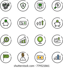 line vector icon set - big cash vector, safe, atm, money search, piggy bank, check, arrows up, growth, tree, ipo, dollar, chart