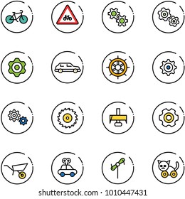 line vector icon set - bike vector, road for moto sign, gear, gears, limousine, hand wheel, saw disk, milling cutter, wheelbarrow, car toy, windmill, cat