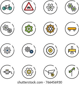 line vector icon set - bike vector, road for moto sign, gear, gears, hand wheel, skateboard, saw disk, milling cutter, jack, wheelbarrow, toy windmill