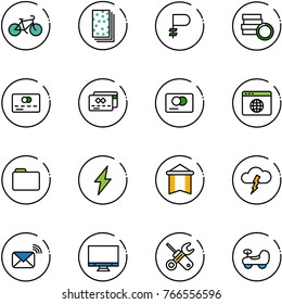 line vector icon set - bike vector, breads, ruble, coin, credit card, browser globe, folder, lightning, pennant, storm, wireless mail, monitor, wrench screwdriver, baby car