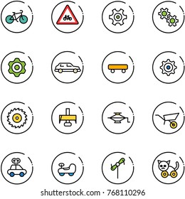 line vector icon set - bike vector, road for moto sign, gear, limousine, skateboard, saw disk, milling cutter, jack, wheelbarrow, car toy, baby, windmill, cat