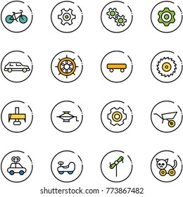 line vector icon set - bike vector, gear, limousine, hand wheel, skateboard, saw disk, milling cutter, jack, wheelbarrow, car toy, baby, windmill, cat