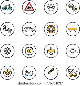 line vector icon set - bike vector, road for moto sign, gear, gears, limousine, hand wheel, skateboard, saw disk, milling cutter, jack, baby car, toy windmill, cat