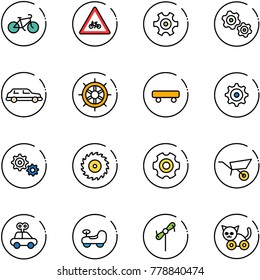 line vector icon set - bike vector, road for moto sign, gear, gears, limousine, hand wheel, skateboard, saw disk, wheelbarrow, car toy, baby, windmill, cat