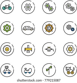 line vector icon set - bike vector, gear, gears, limousine, hand wheel, saw disk, milling cutter, jack, car toy, baby, windmill, cat