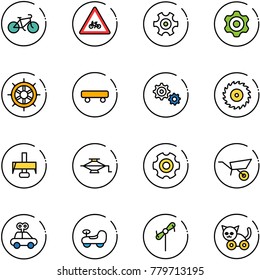 line vector icon set - bike vector, road for moto sign, gear, hand wheel, skateboard, saw disk, milling cutter, jack, wheelbarrow, car toy, baby, windmill, cat
