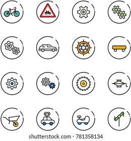 line vector icon set - bike vector, road for moto sign, gear, gears, limousine, hand wheel, skateboard, saw disk, jack, wheelbarrow, car toy, baby, windmill