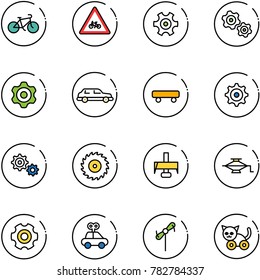 line vector icon set - bike vector, road for moto sign, gear, gears, limousine, skateboard, saw disk, milling cutter, jack, car toy, windmill, cat