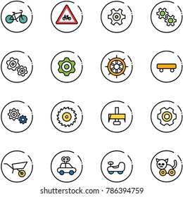 line vector icon set - bike vector, road for moto sign, gear, gears, hand wheel, skateboard, saw disk, milling cutter, wheelbarrow, car toy, baby, cat