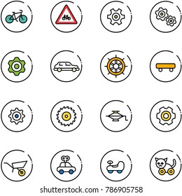 line vector icon set - bike vector, road for moto sign, gear, gears, limousine, hand wheel, skateboard, saw disk, jack, wheelbarrow, car toy, baby, cat