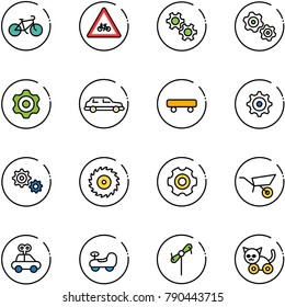 line vector icon set - bike vector, road for moto sign, gear, gears, limousine, skateboard, saw disk, wheelbarrow, car toy, baby, windmill, cat