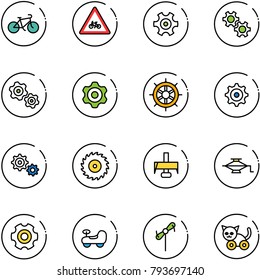 line vector icon set - bike vector, road for moto sign, gear, gears, hand wheel, saw disk, milling cutter, jack, baby car, toy windmill, cat