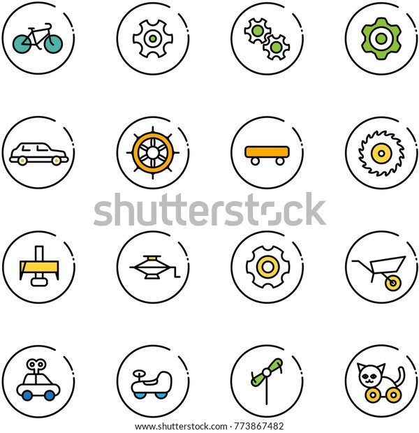 line vector icon set - bike vector,\
gear, limousine, hand wheel, skateboard, saw disk, milling cutter,\
jack, wheelbarrow, car toy, baby, windmill,\
cat