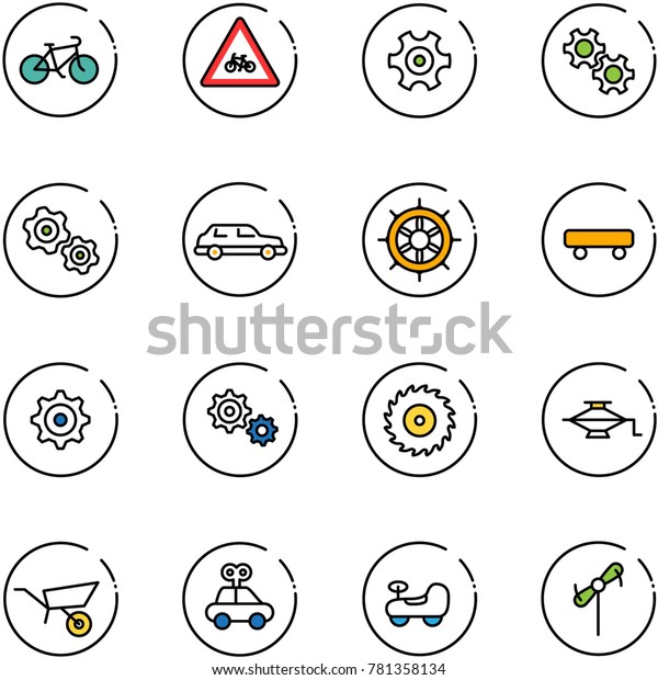 line vector icon set - bike vector,\
road for moto sign, gear, gears, limousine, hand wheel, skateboard,\
saw disk, jack, wheelbarrow, car toy, baby,\
windmill