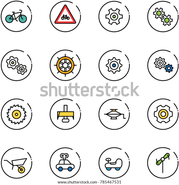line vector icon set - bike vector, road\
for moto sign, gear, gears, hand wheel, saw disk, milling cutter,\
jack, wheelbarrow, car toy, baby,\
windmill