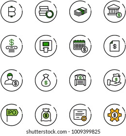 line vector icon set - bitcoin vector, coin, dollar, account, bank, atm, calendar, statement, money bag, chest, investment, ipo, certificate, managemet