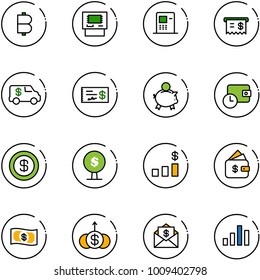 line vector icon set - bitcoin vector, atm, receipt, encashment car, check, piggy bank, wallet time, dollar, money tree, chart, finance management, growth, mail