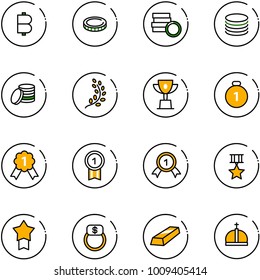 line vector icon set - bitcoin vector, coin, golden branch, win cup, gold medal, star, finger ring, crown
